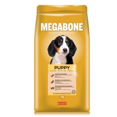 Saco amarelo de ração para cachorros MEGABONE com imagem de cachorro e texto PUPPY