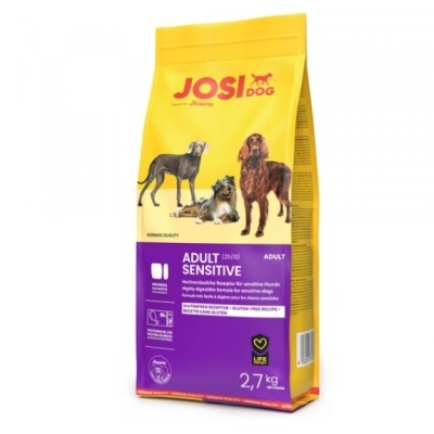 Pacote de ração Josi Dog Adult Sensitive 2,7 kg com imagens de cães