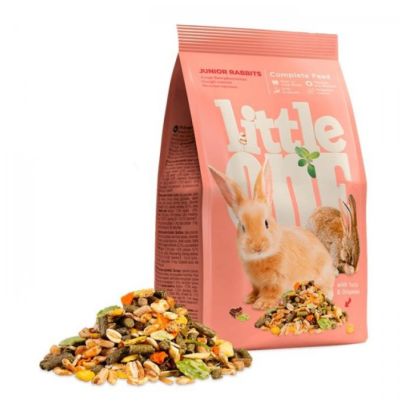 Pacote rosa de alimento para coelhos jovens com imagem de coelhos e mistura de sementes e grãos