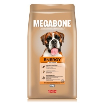 Embalagem castanha clara de ração para cães MEGABONE ENERGY com imagem de cachorro Boxer.
