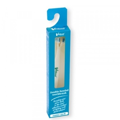Escova de dentes de duplo lado em embalagem azul