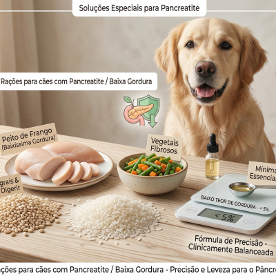 Produtos alimentares para cães com pancreatite em mesa de madeira com cão dourado ao fundo