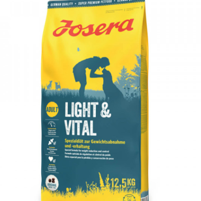 Saco de ração para cães Josera Light & Vital 12,5 kg amarelo e azul com imagem de pessoa e cão