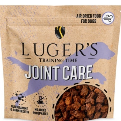 Embalagem castanha de ração canina LUGER'S JOINT CARE com silhueta roxa de cão e janela com comida visível