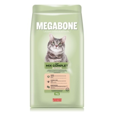 Embalagem verde de ração para gato MEGABONE com imagem de gato cinza
