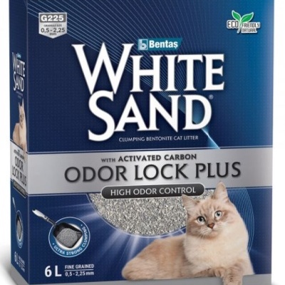 Caixa de areia para gatos White Sand com odor lock plus e imagem de gato