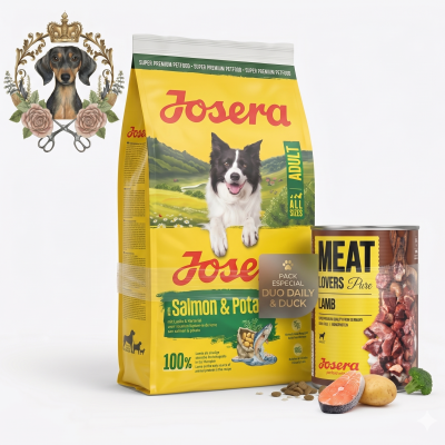 Pack de comida para cães Josera com ração seca e comida húmida e ingredientes frescos
