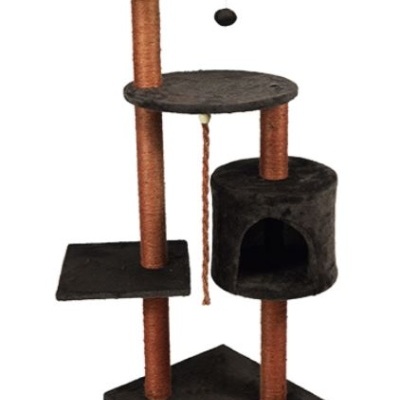 Árvore de gato preta com postes de sisal castanho e casinha com abertura circular