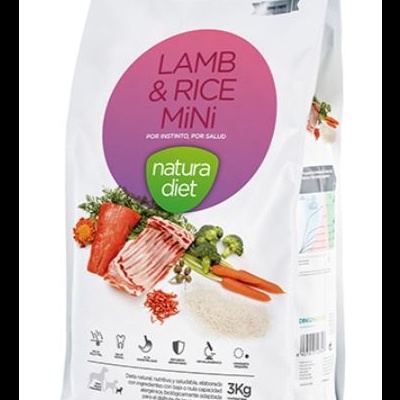 Pacote branco de ração para cães Natura Diet Lamb & Rice Mini com imagens de ingredientes e texto informativo