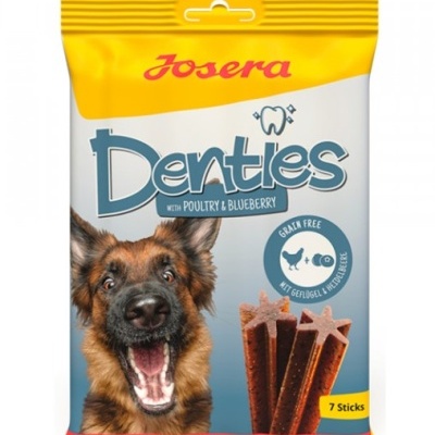 Pacote de snacks para cães Denties da Josera com sabor a ave e mirtilo.