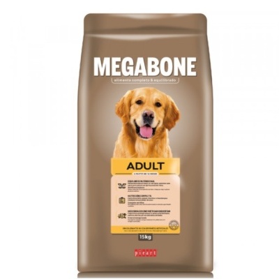 Saco de ração para cães MEGABONE ADULT castanho com cão dourado na frente