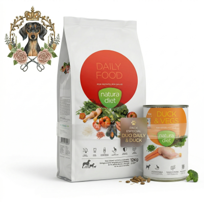 Comida para cães Natura Diet em saco grande e lata ao lado, com legumes e ração visíveis