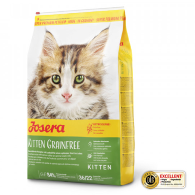 Pacote de ração Josera Kitten Grainfree com imagem de gato e texto amarelo e verde