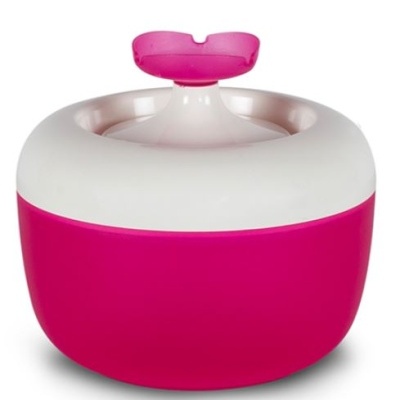 Recipiente redondo rosa e branco com botão em forma de flor