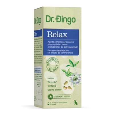 Embalagem de produto Dr. Dingo Relax em papel cartão verde claro com texto e ilustração