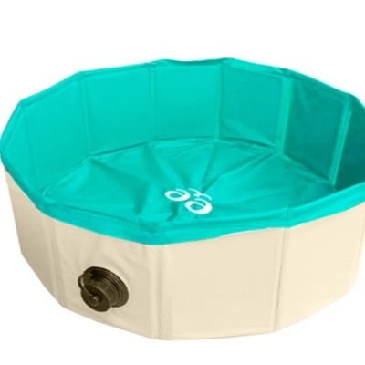 Piscina portátil para animais em tecido bege e verde água com válvula de ar preta