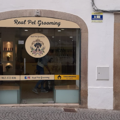 Fachada da loja Real Pet Grooming com montras de vidro e letreiros claros