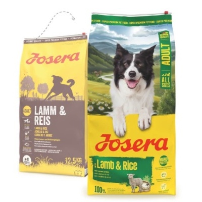 Duas embalagens de ração para cão Josera, uma amarela e castanha e outra amarela com cão Border Collie