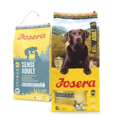 Duas embalagens de ração para cães Josera Sensi Adult, amarelas com texto e imagem de cachorro