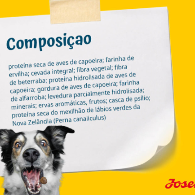 Lista de composição de produto com cão preto e branco animado em fundo amarelo e logotipo Josera.