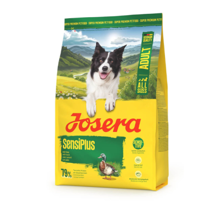 Embalagem de ração para cães Josera SensiPlus amarela com verde com imagens de cão e pato
