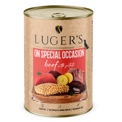 Lata de comida para cães Luger´s ON SPECIAL OCCASION beef with potato com imagens de carne e batatas