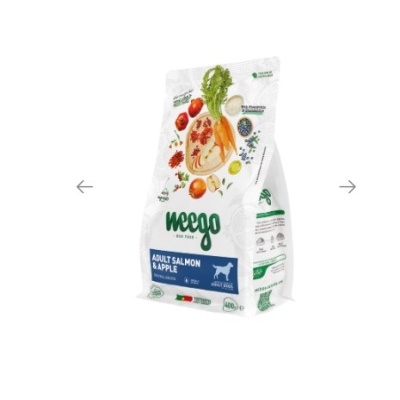 Saco branco de ração para cães WEEGO sabor salmão e maçã com ilustrações de ingredientes naturais