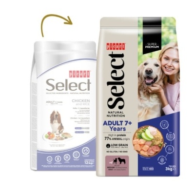 Dois sacos de ração para cães da marca Select com informações de peso e tipo de ração