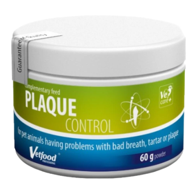 Frasco branco de plástico com rótulo verde e azul para controlo de placa dentária em animais