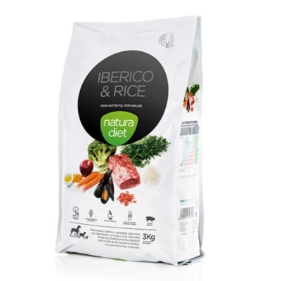 Saco branco de alimento para animais Natura Diet Iberico & Rice com 3kg e imagens de ingredientes