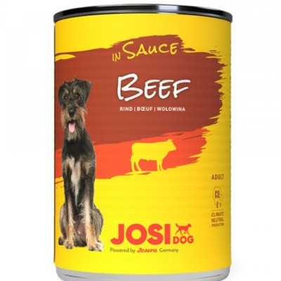 Lata amarela e castanha de comida para cão Josi Dog com carne de vaca, imagem de cão e vaca.