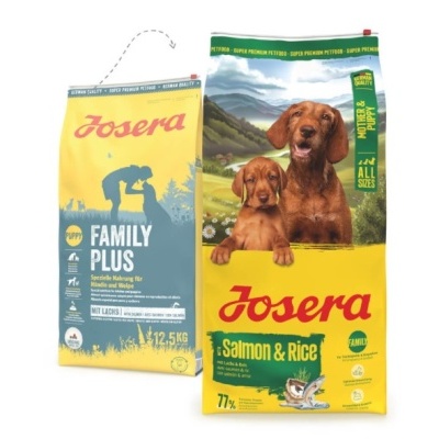 Embalagens de ração para cães Josera Salmon & Rice e Family Plus