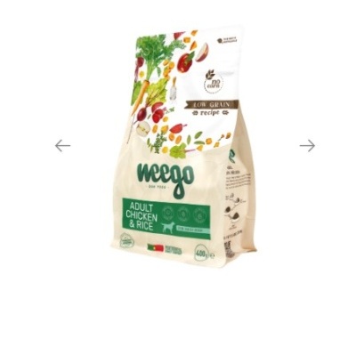 Pacote de ração para cães Meego Adult Chicken & Rice de 400g com ilustrações vegetais