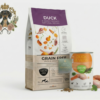 Embalagem grande e lata de comida para cães Natura Diet com sabor Duck, Sweet Potato e legumes.
