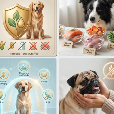 Cães com símbolos de ingredientes proibidos e tigelas de alimentos naturais para cães