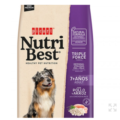Embalagem de ração para cães Picart Nutri Best para adultos 7+ anos, com pollo e arroz