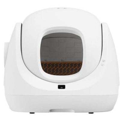 Casa de banho para gatos automática branca com abertura frontal e tapete interior