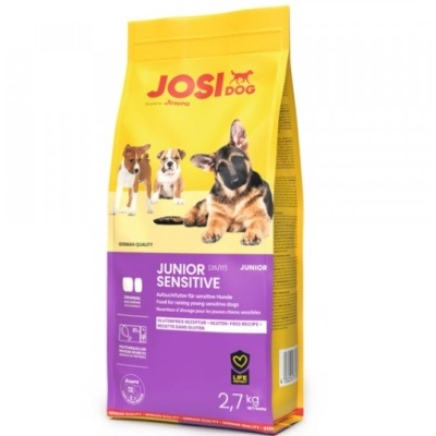 Saco de ração para cães JosiDog Junior Sensitive 2,7 kg com imagens de cães