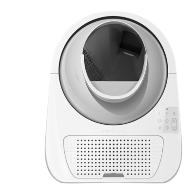 Arranhador automático branco para gatos com painel de controlo
