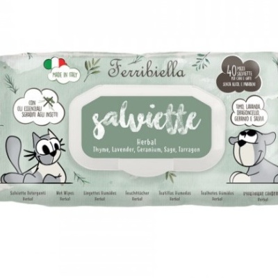 Embalagem verde de toalhitas Terribiella com ilustrações de esquilos e texto descritivo