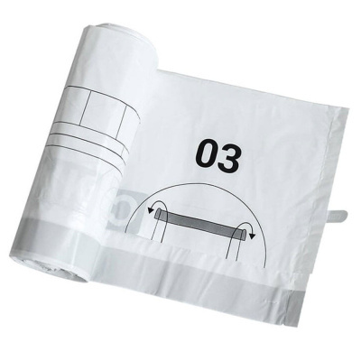 Rolo de sacos de plástico branco com número 03 e instruções de fecho