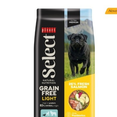 Embalagem de ração para cães picart Select Grain Free Light com imagem de cão preto e rótulo amarelo Novo