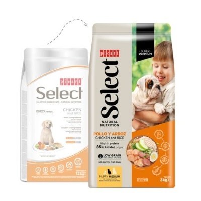 Dois sacos de ração para cães da marca Select, um branco com laranja e outro branco com laranja e preto.