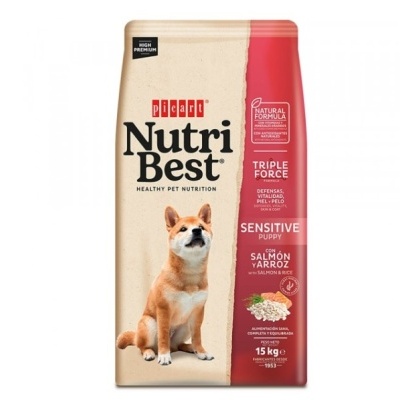 Embalagem de ração Nutri Best Sensitive Puppy sabor salmão e arroz com imagem de cão