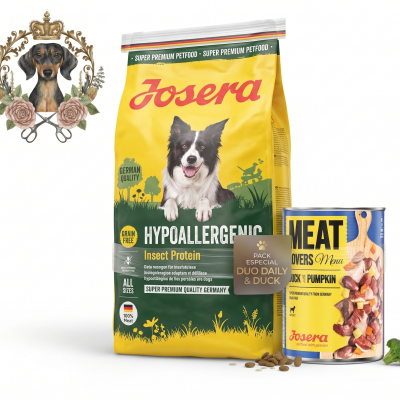Produtos de comida para cães Josera, ração seca e comida húmida, embalagem amarela, verde e azul.