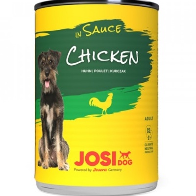 Lata amarelo e verde de comida para cão JOSI DOG com imagem de cão e texto CHICKEN