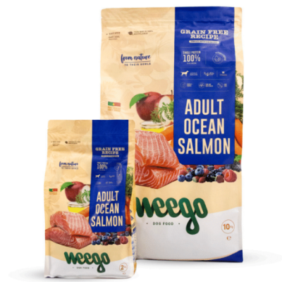 Embalagens de ração para cães Meego Adult Ocean Salmon, com imagens de salmão e frutas
