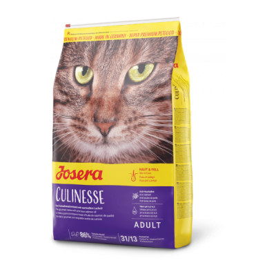 Pacote de ração para gato Josera Culinesse com imagem de gato e cores amarelo e roxo