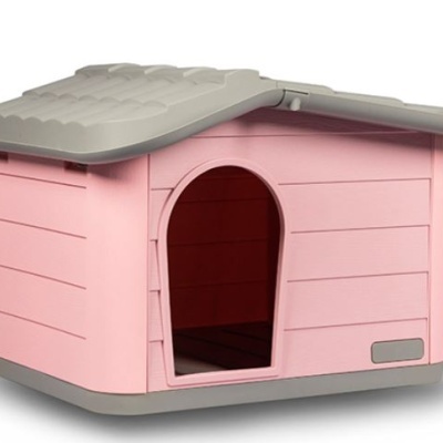 Casota para animais de estimação cor rosa com telhado cinzento