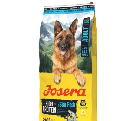 Saco de comida para cão Josera com pastor alemão e texto sobre proteínas e ingredientes